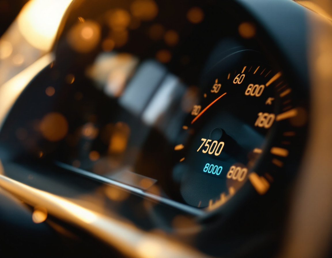 Odometer at a low reading photographed close in a natural car interior — the renewal confirmation moment.